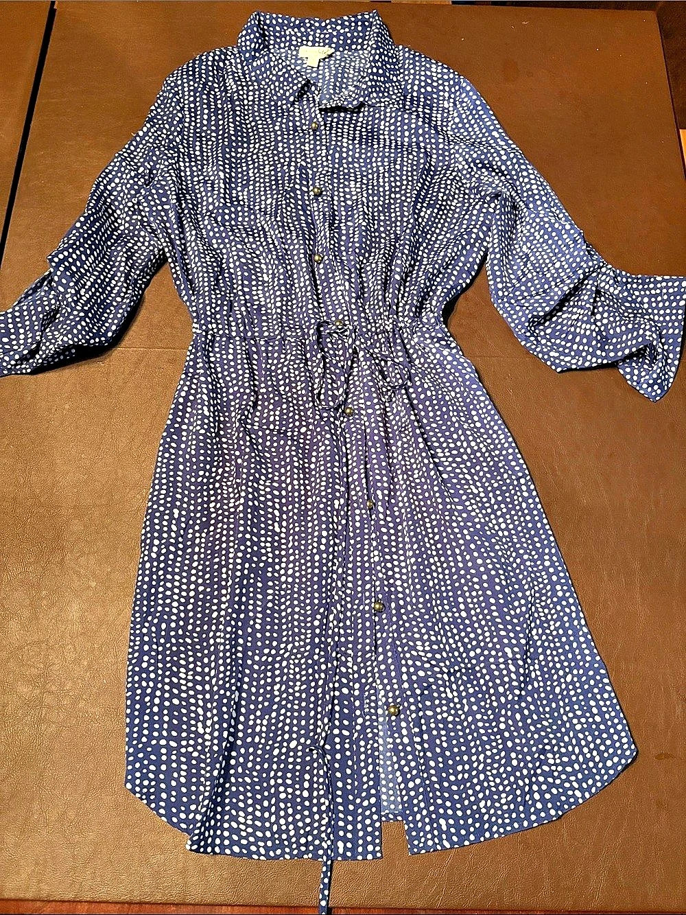 maison Jules Polka Dot Roll-Tab Sleeve Button-Down Shirt Dress Shirt Dress Blue
